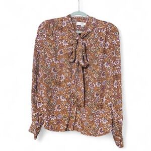 LOFT Women’s Floral Tie Neck Blouse Medium Long Sleeve Boho Cottagecore Fall Top